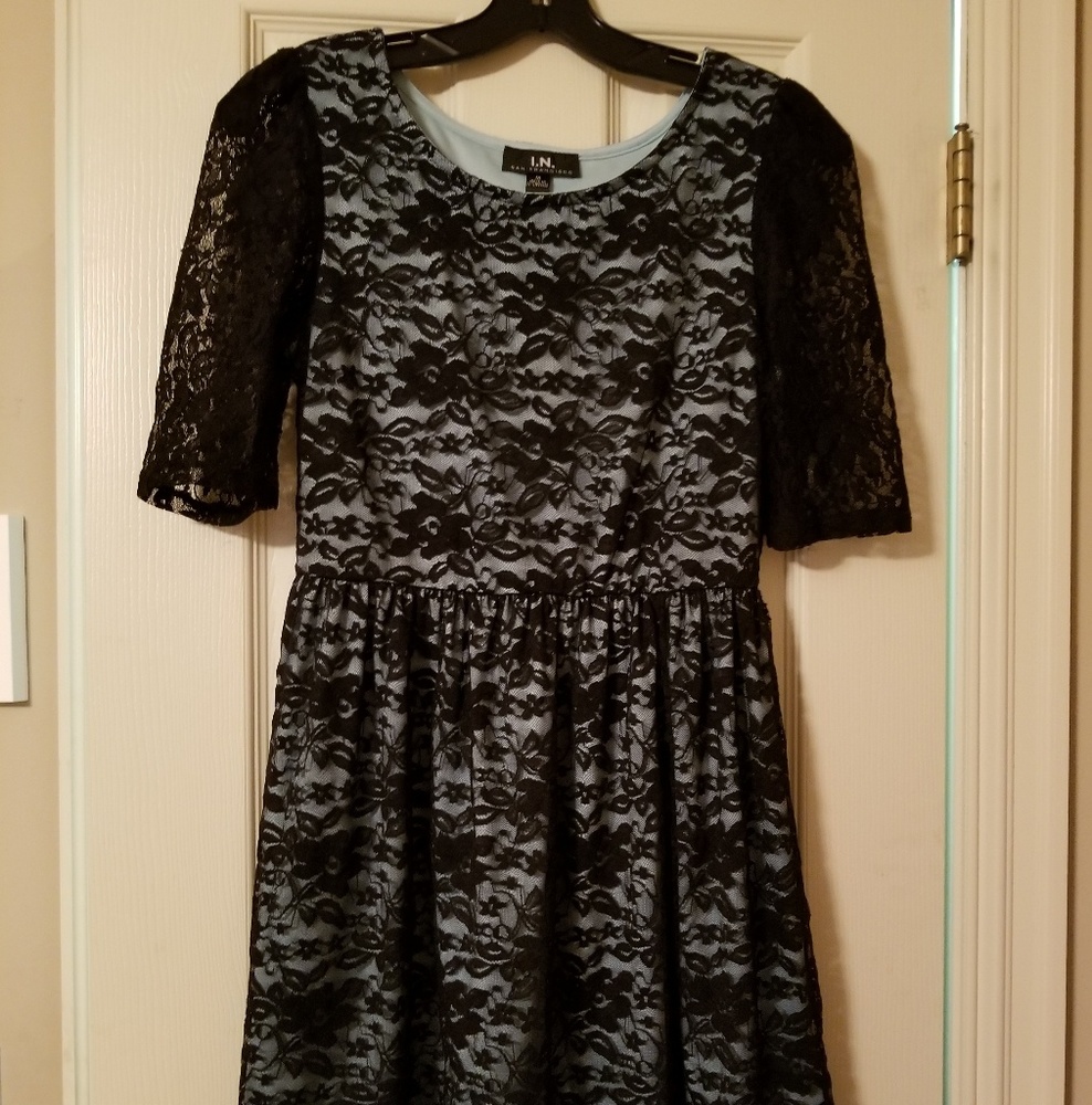 LIKE NEW black with teal underlay lace dress